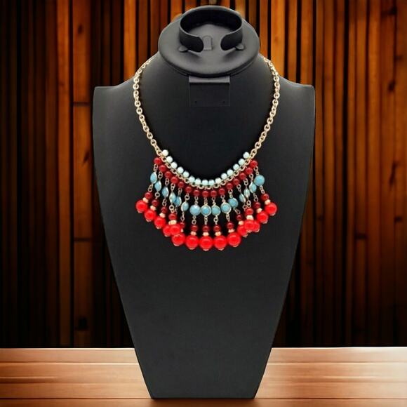 Vintage Jewelry Cascading Beaded Bib Gold Tone Red Blue Fringed Costume Necklace - Picture 1 of 9